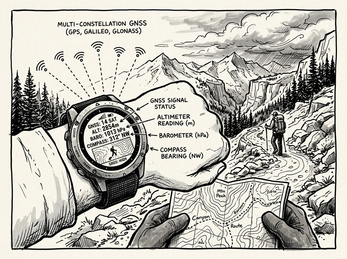 Survival watch in action during backcountry navigation