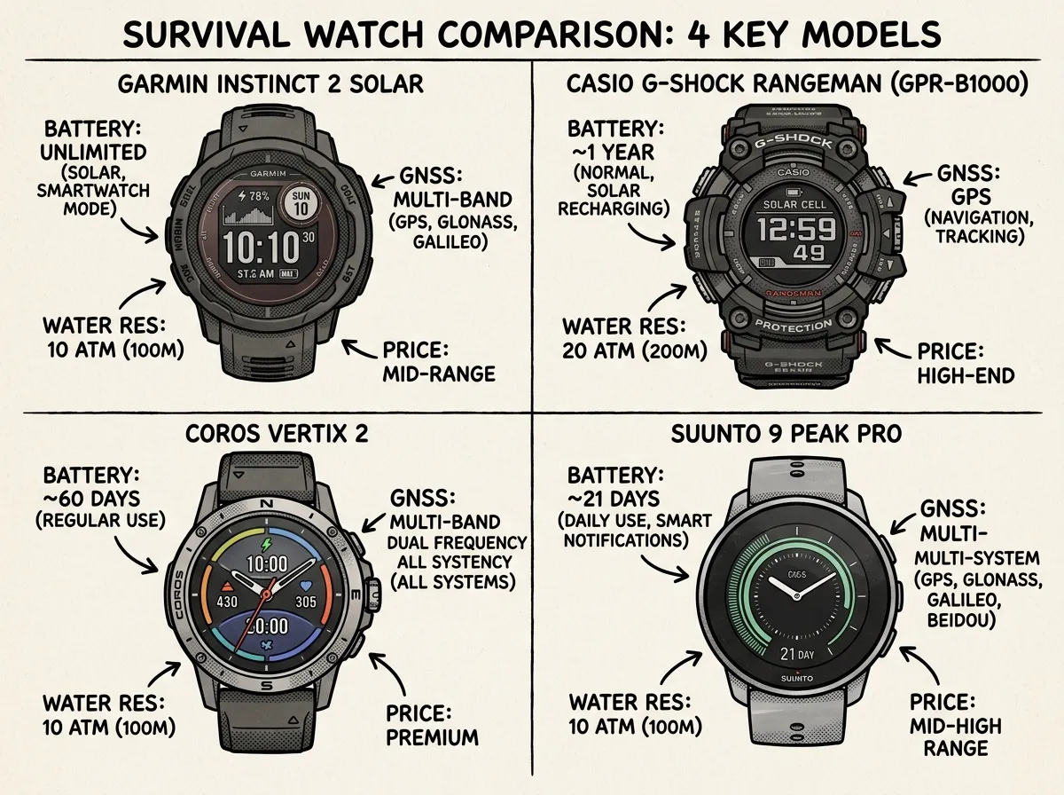 Leading survival watch models side-by-side comparison
