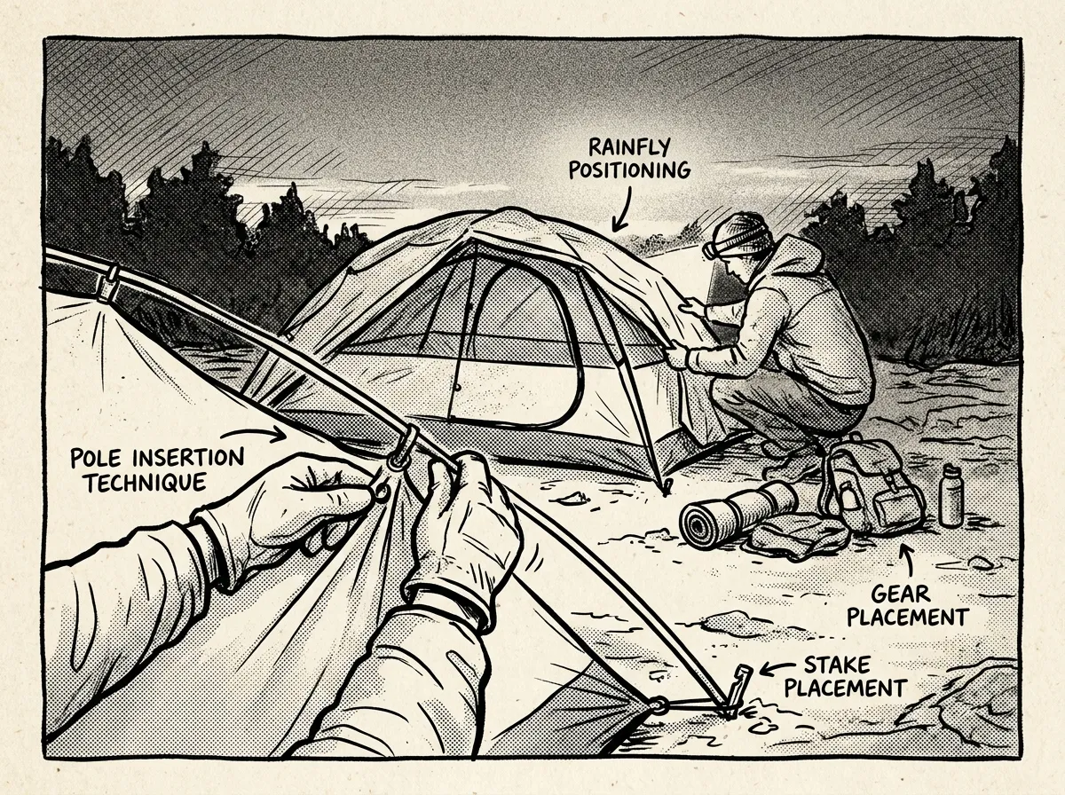 Pitching an emergency tent under realistic field conditions
