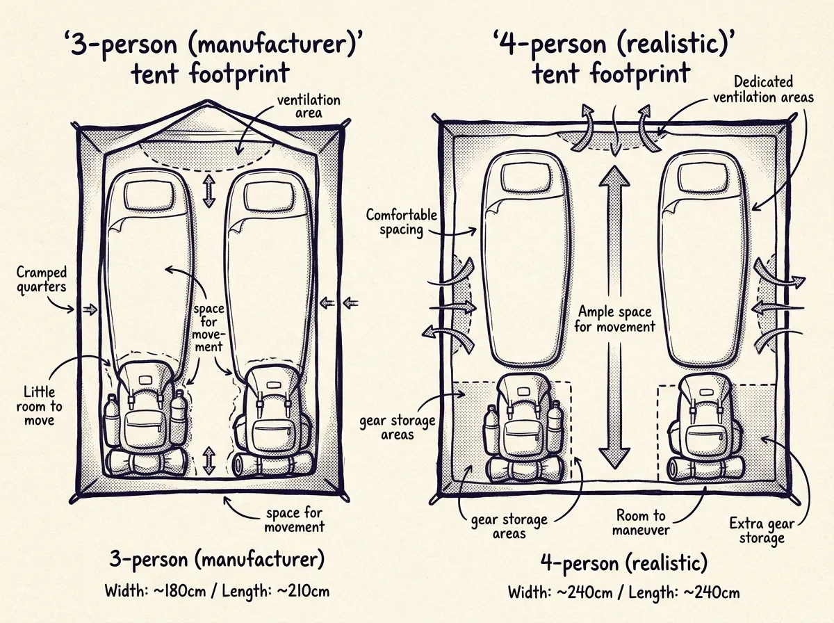 Realistic tent sizing with gear and two occupants