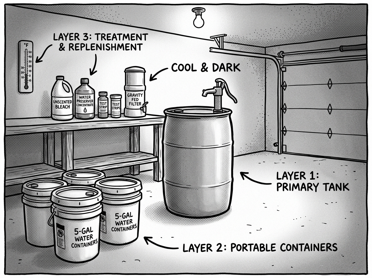 A layered water storage setup in a home garage