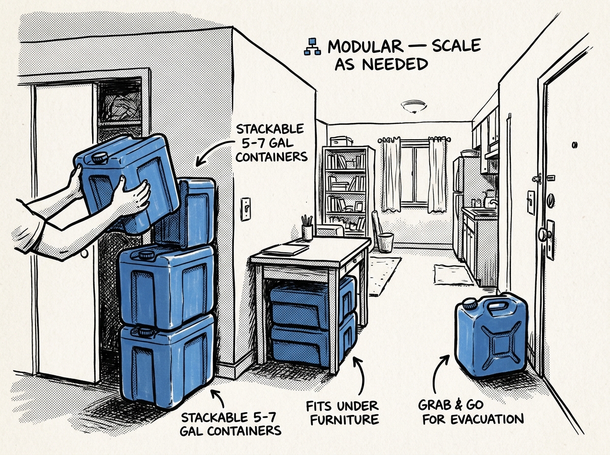Stackable water containers maximizing storage in a small apartment
