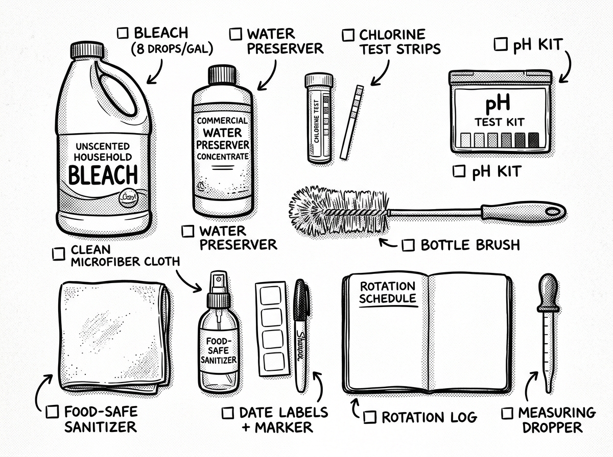 Water maintenance supplies for keeping stored water safe