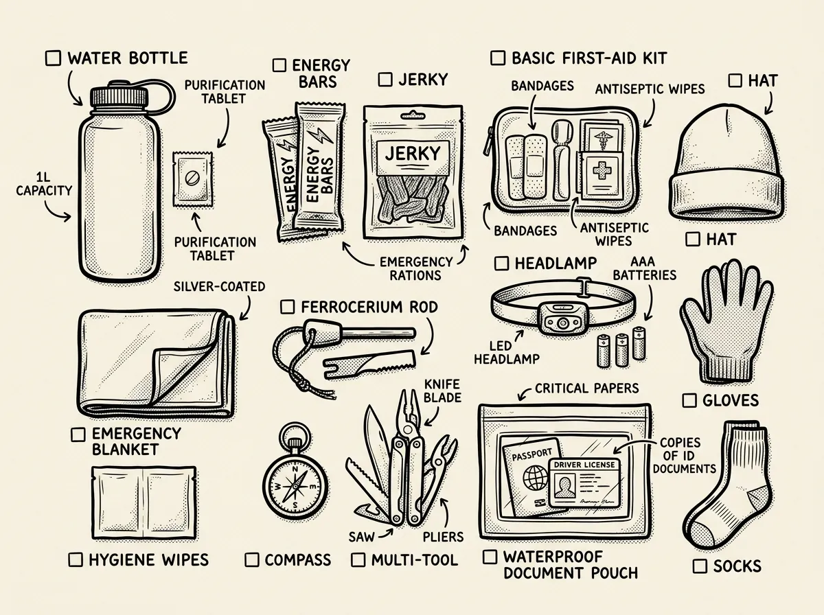 Essential items for a 72-hour bug-out bag, laid out and labeled