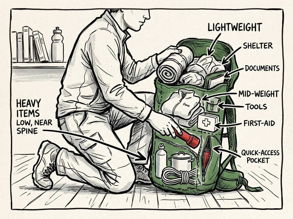 Strategically organizing gear inside a backpack for fast access