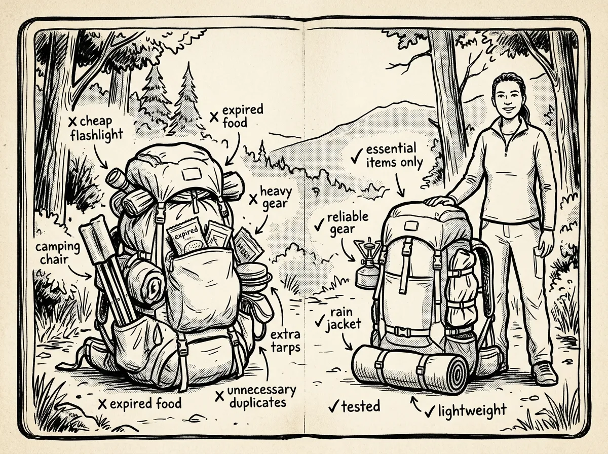 Overpacked bug-out bag versus lean, practical kit side by side