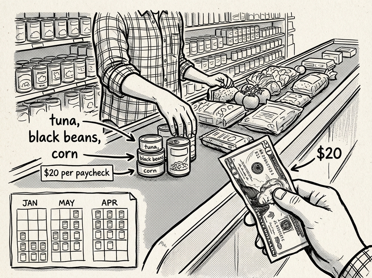 Building a two-week stockpile gradually — $20 at a time