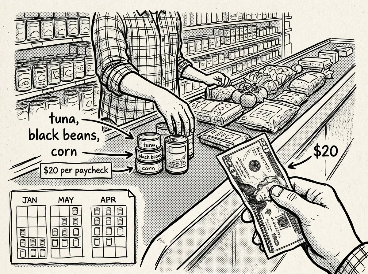Building a two-week stockpile gradually — $20 at a time