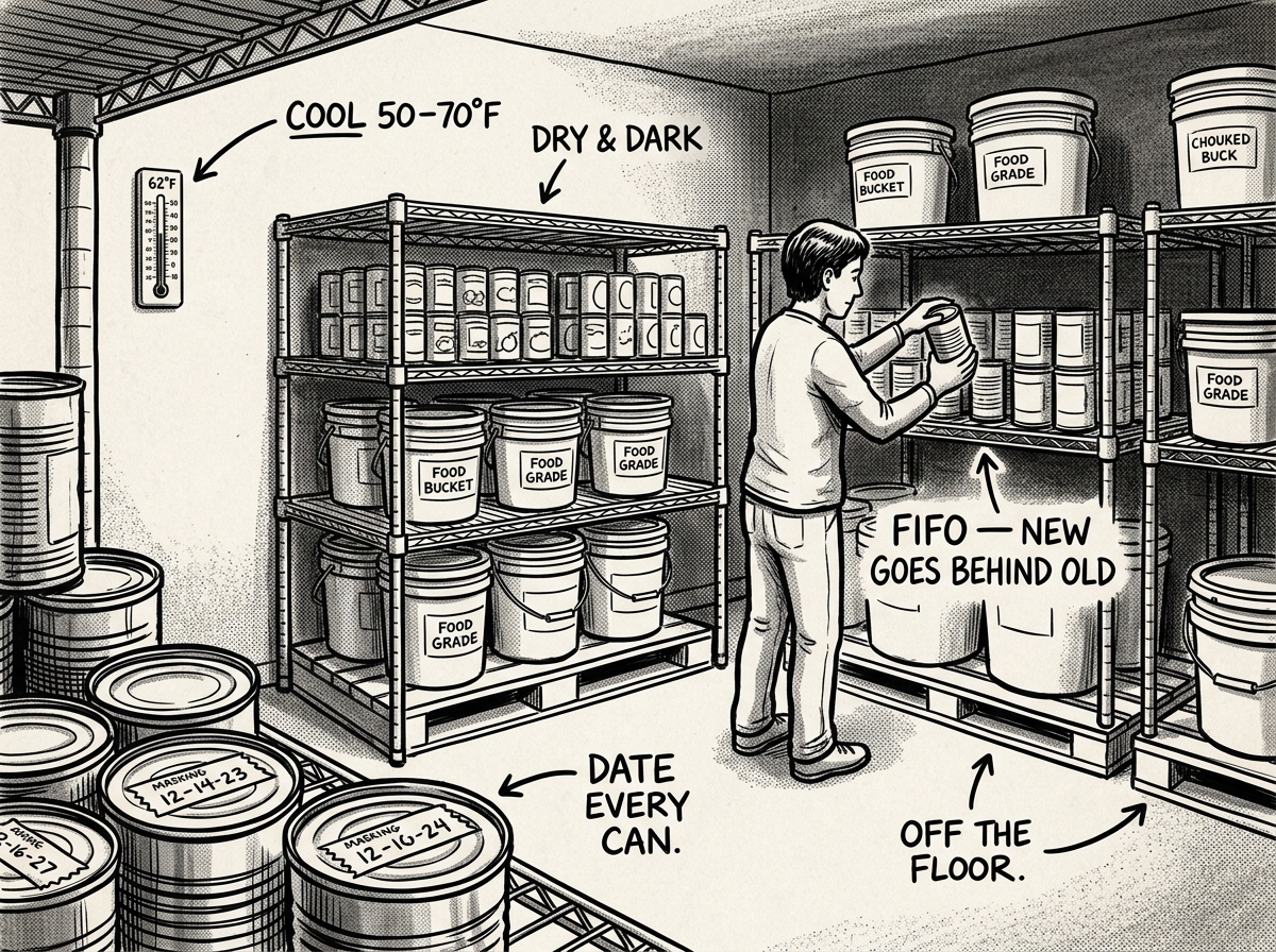 A well-organized food stockpile in proper cool, dry, dark storage