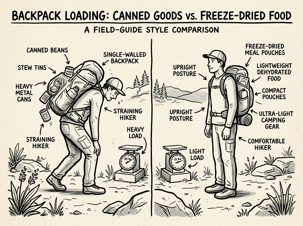 Comparing weight and bulk of canned versus freeze-dried meals