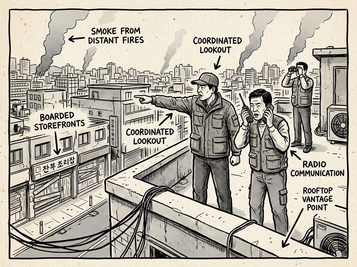 Coordinated community defense on a rooftop during the 1992 LA riots