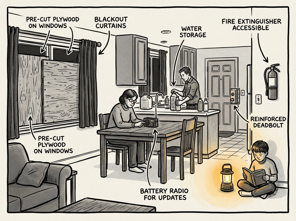 A family sheltering in place with hardened entry points and emergency supplies at the ready