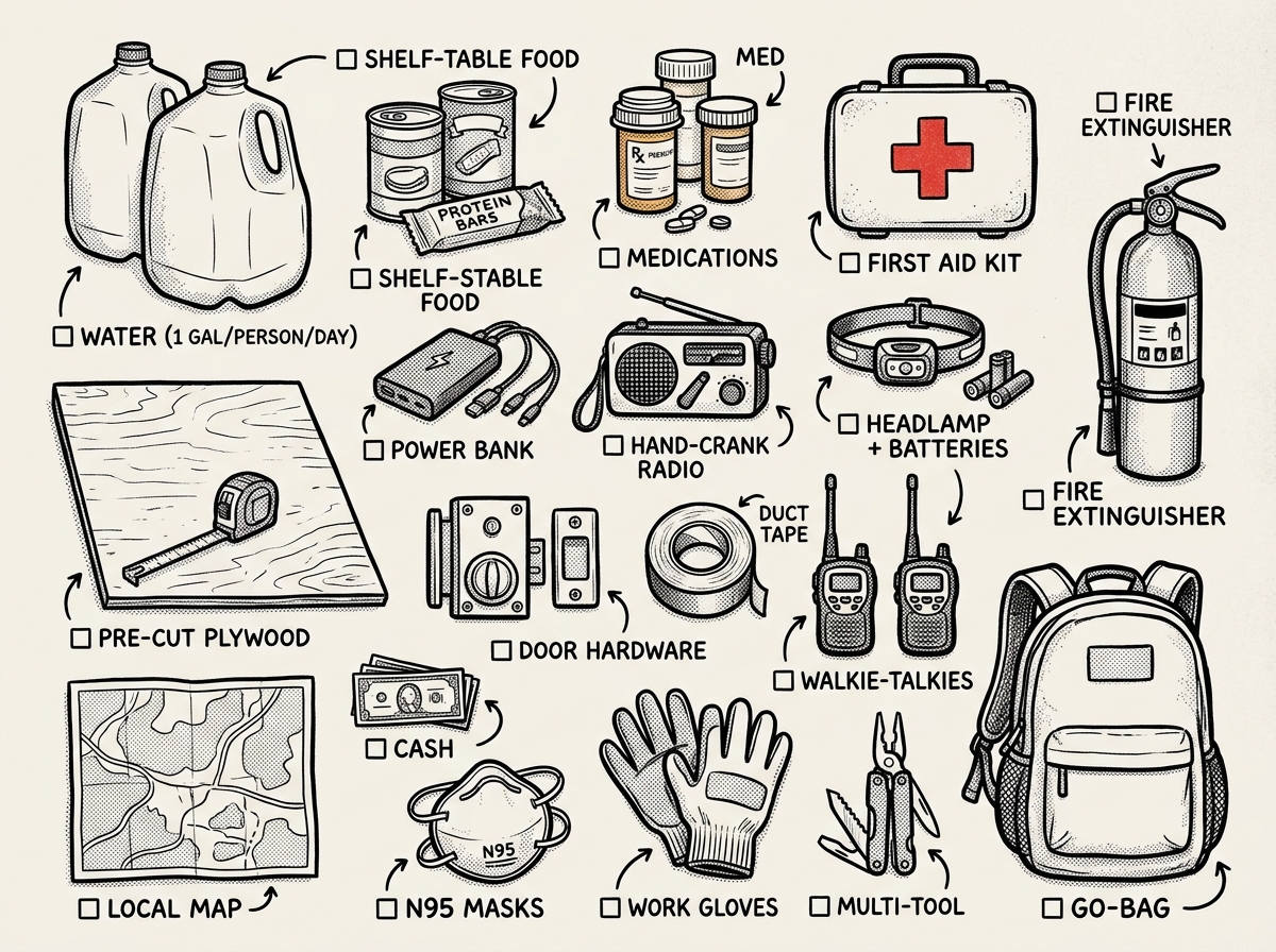 Complete civil unrest preparedness kit laid out and ready to go