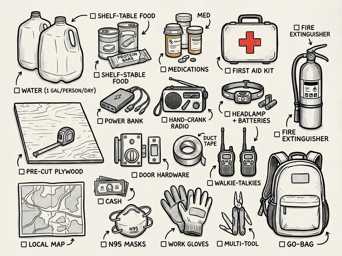 Complete civil unrest preparedness kit laid out and ready to go