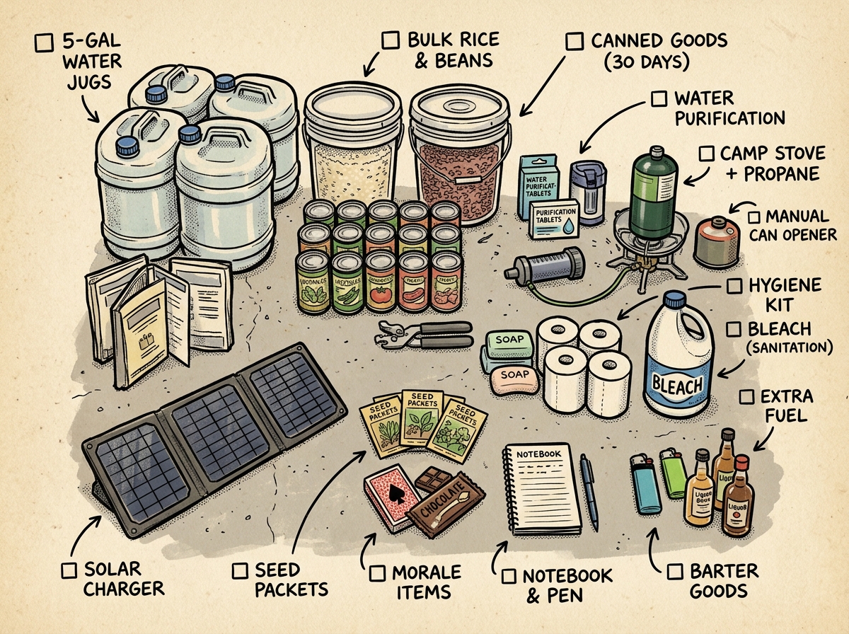Extended supply stockpile organized for weeks of self-sufficiency