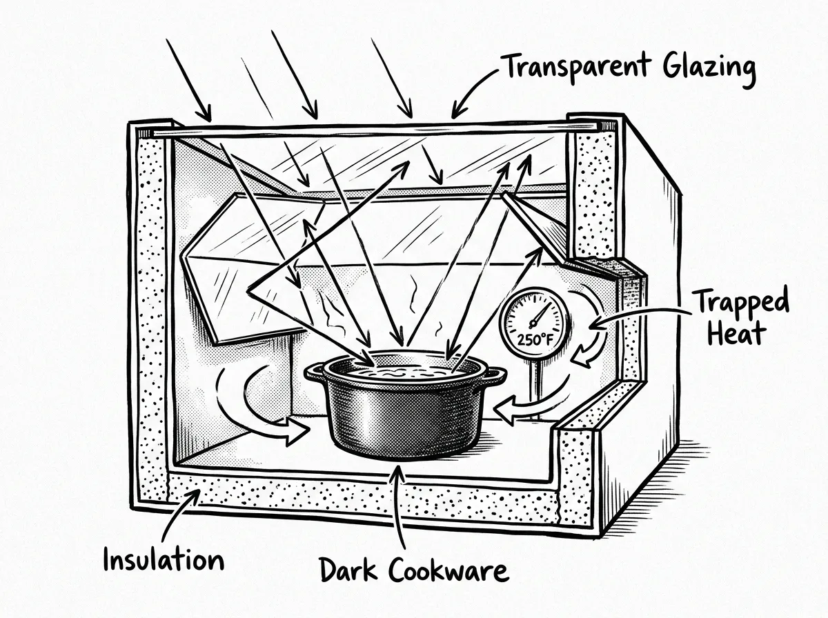 Cross-section view of solar oven heat trapping