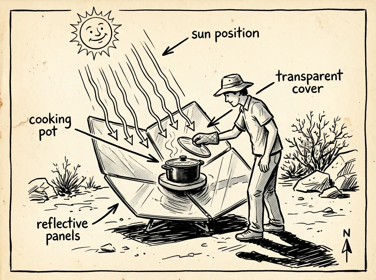 Solar cooker in use during peak sun hours