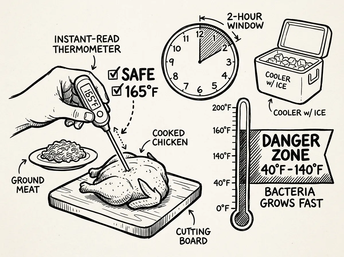Checking food temperature with instant-read thermometer
