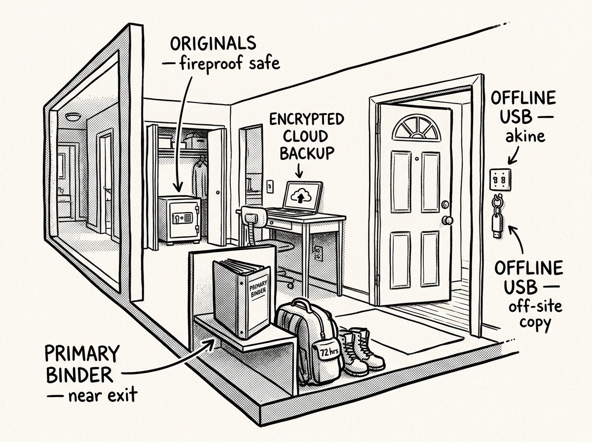 Strategic storage locations for your binder and backups