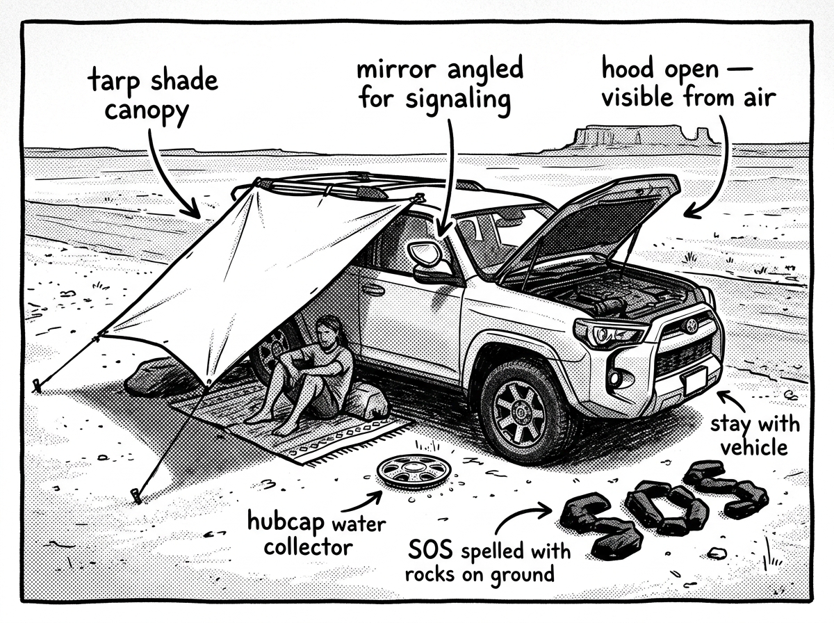 Converting a stranded vehicle into an improvised desert survival station