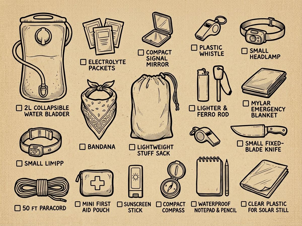 Sub-3-pound desert survival kit — everything you need, laid out