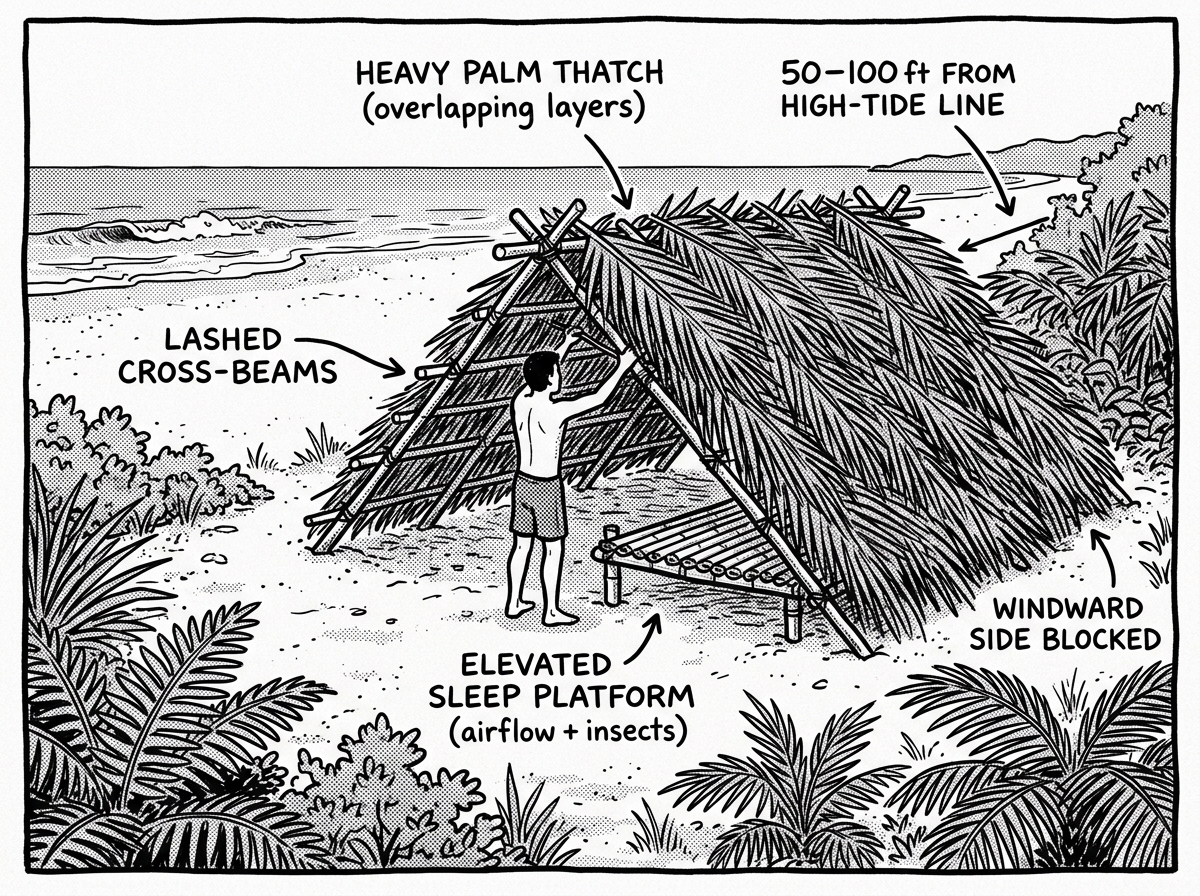 Constructing an elevated lean-to shelter with palm thatch inland from the tide line