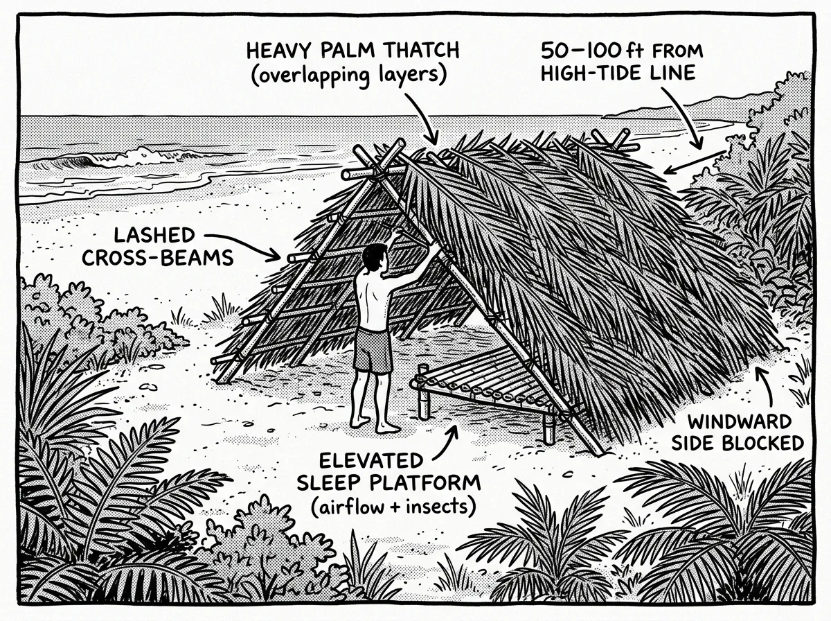 Constructing an elevated lean-to shelter with palm thatch inland from the tide line