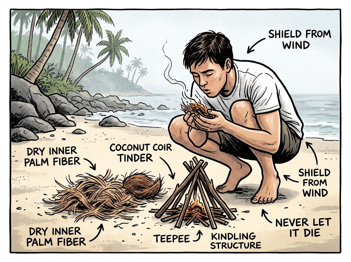 Starting a fire on a humid tropical beach using dry palm fibers and coconut coir tinder