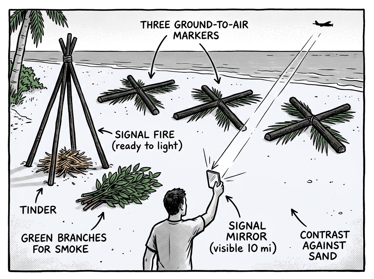 A complete island rescue signaling station with ground markers, signal fire, and mirror flash