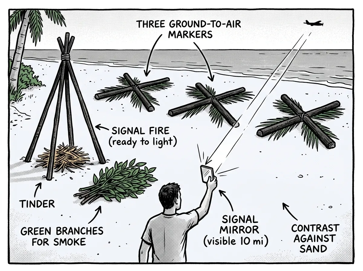 A complete island rescue signaling station with ground markers, signal fire, and mirror flash