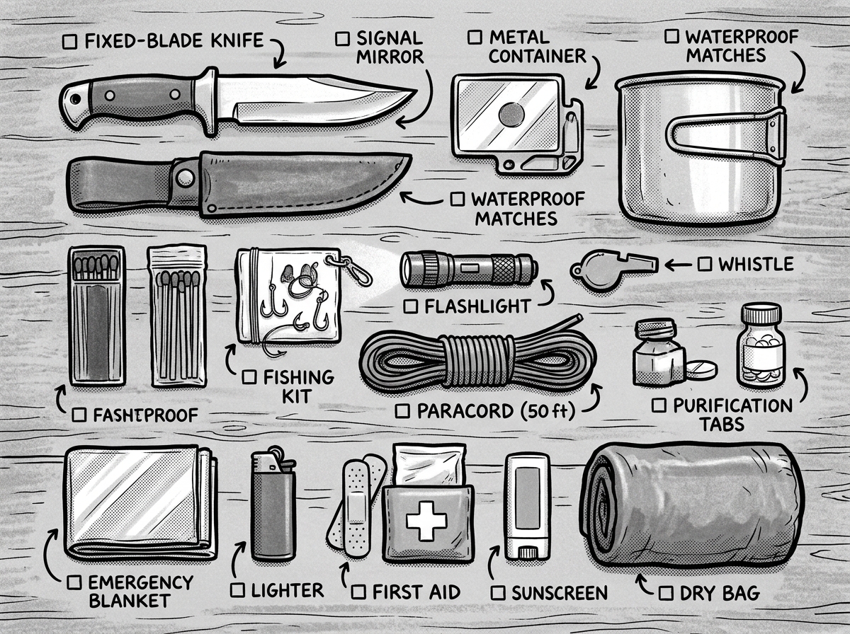 Marine survival kit essentials laid out for inspection