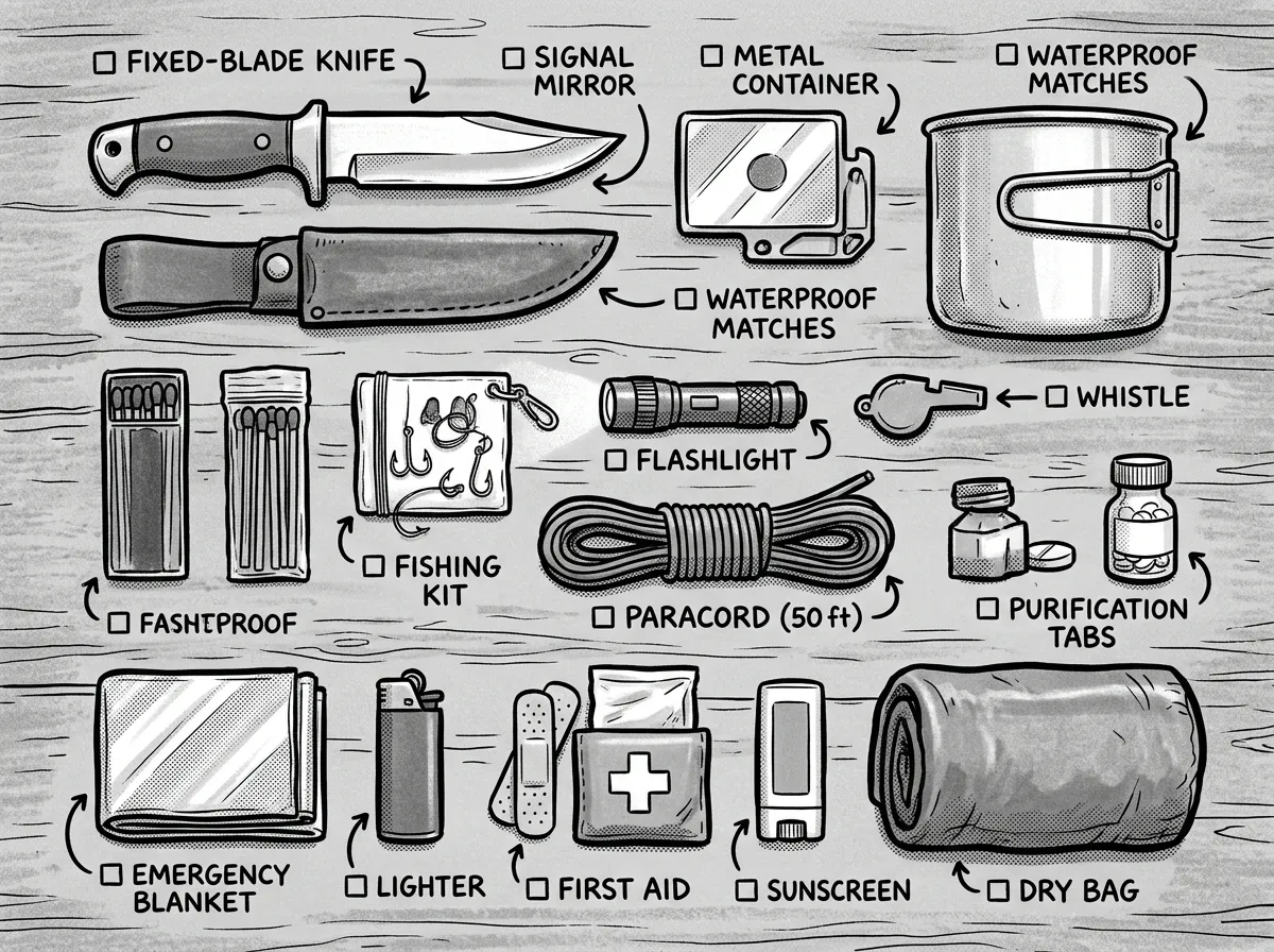 Marine survival kit essentials laid out for inspection