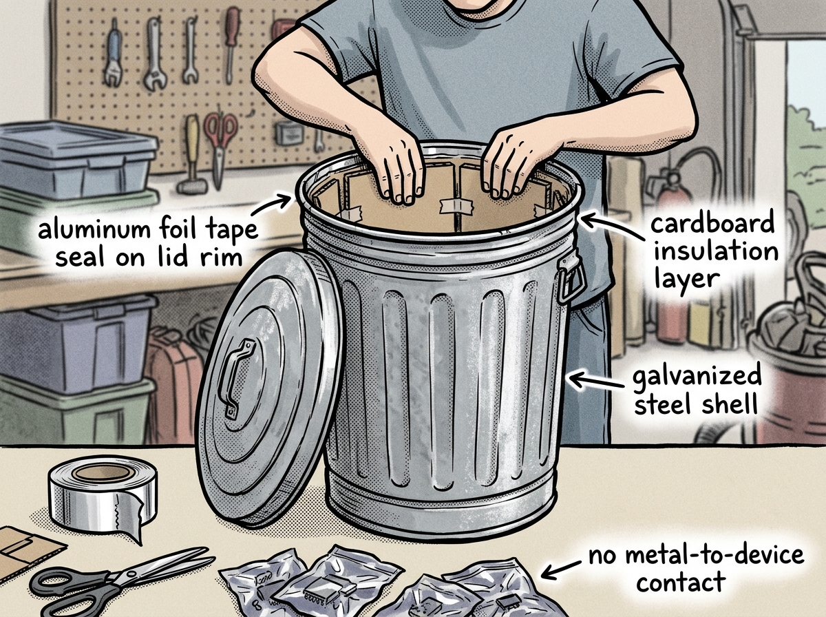 Lining a galvanized trash can with cardboard insulation