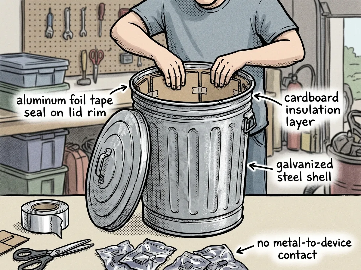 Lining a galvanized trash can with cardboard insulation