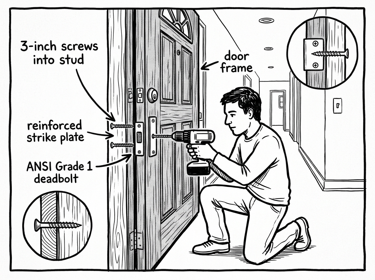 Reinforcing a door frame with 3-inch screws and an upgraded deadbolt