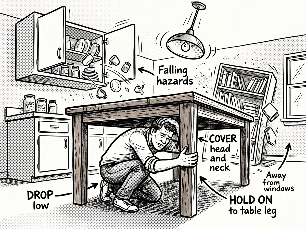 Drop, cover, and hold on — the only evidence-based response when shaking starts