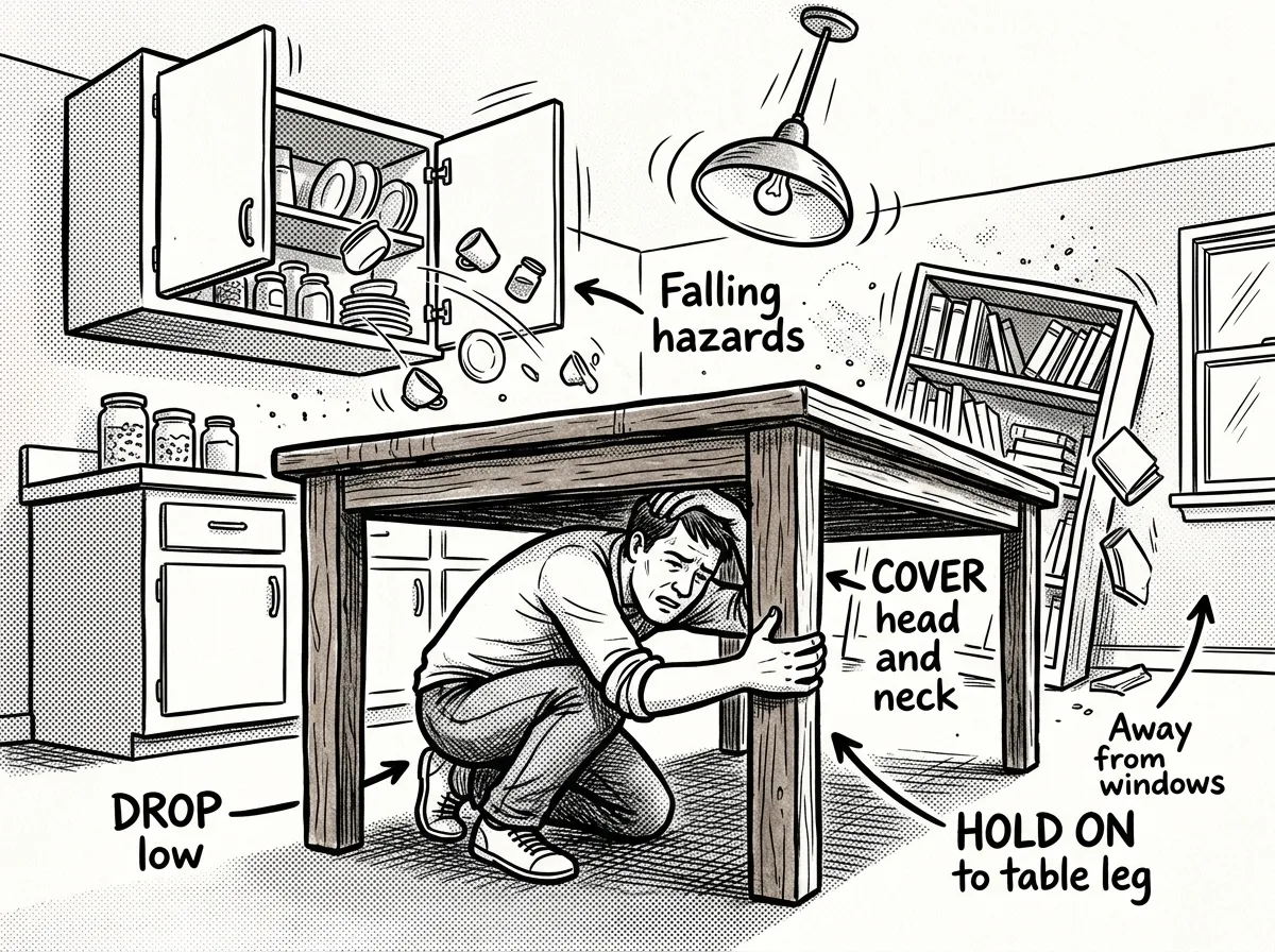 Drop, cover, and hold on — the only evidence-based response when shaking starts