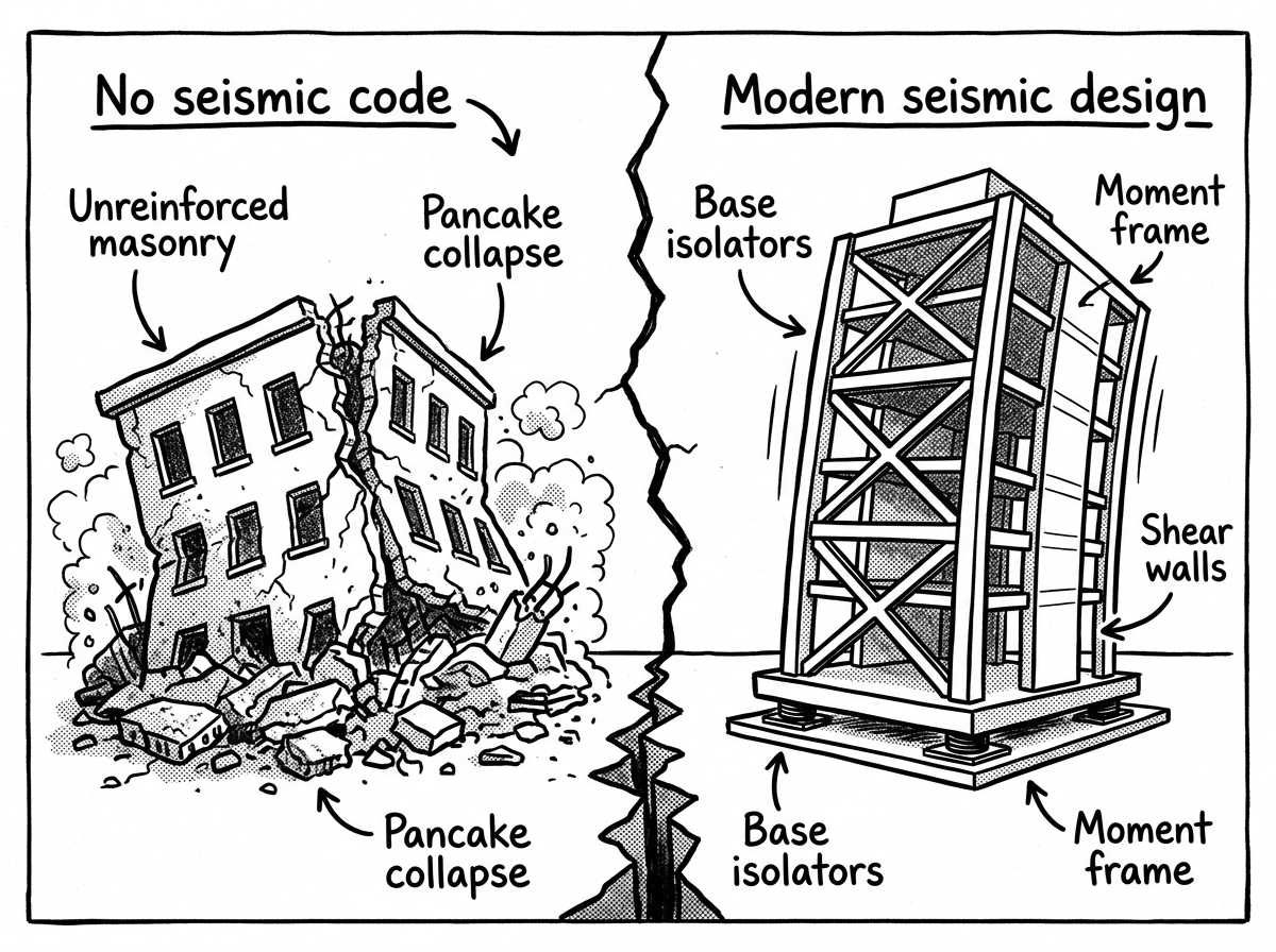 The same magnitude quake produces vastly different outcomes depending on construction standards