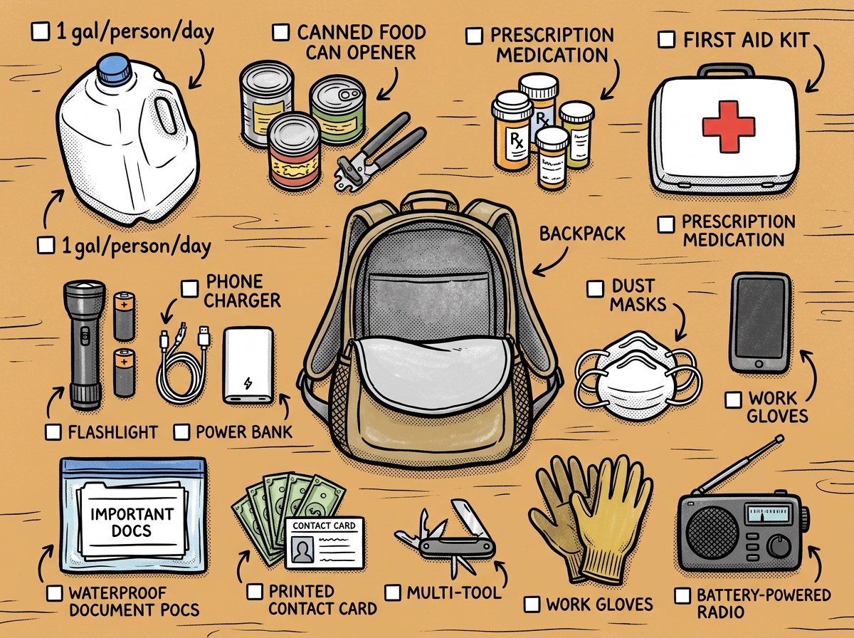 72-hour family emergency kit essentials laid out and ready to pack