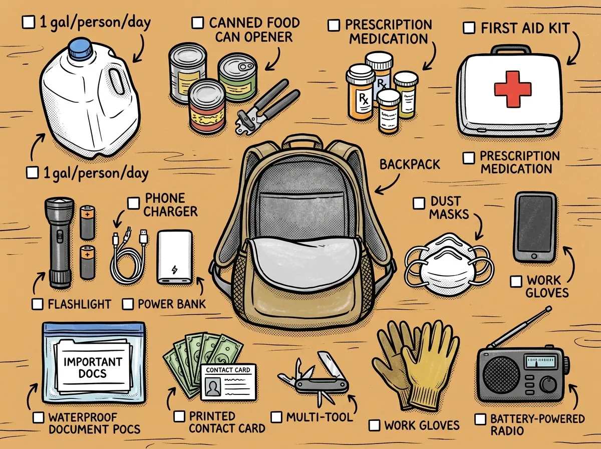 72-hour family emergency kit essentials laid out and ready to pack