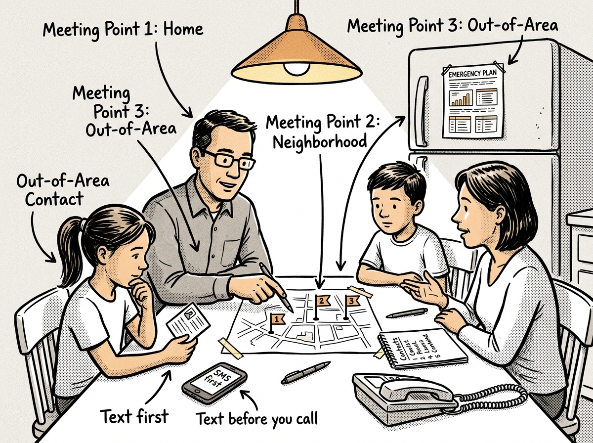 A family gathered at the kitchen table mapping out meeting points and emergency contacts