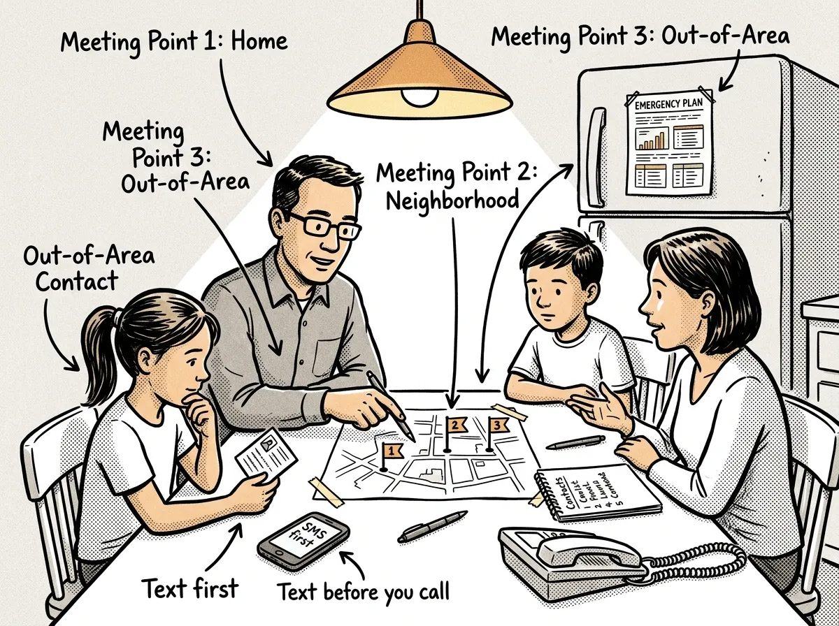 A family gathered at the kitchen table mapping out meeting points and emergency contacts