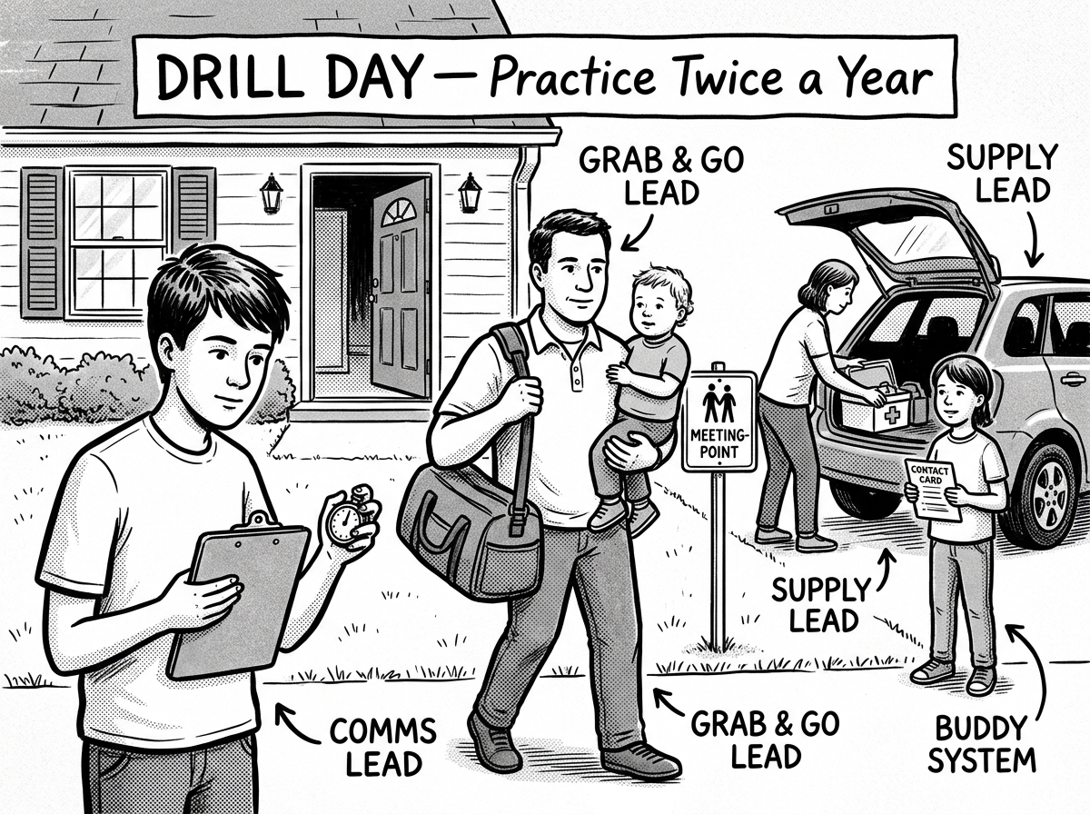 Family running an evacuation drill from their home with assigned roles in action