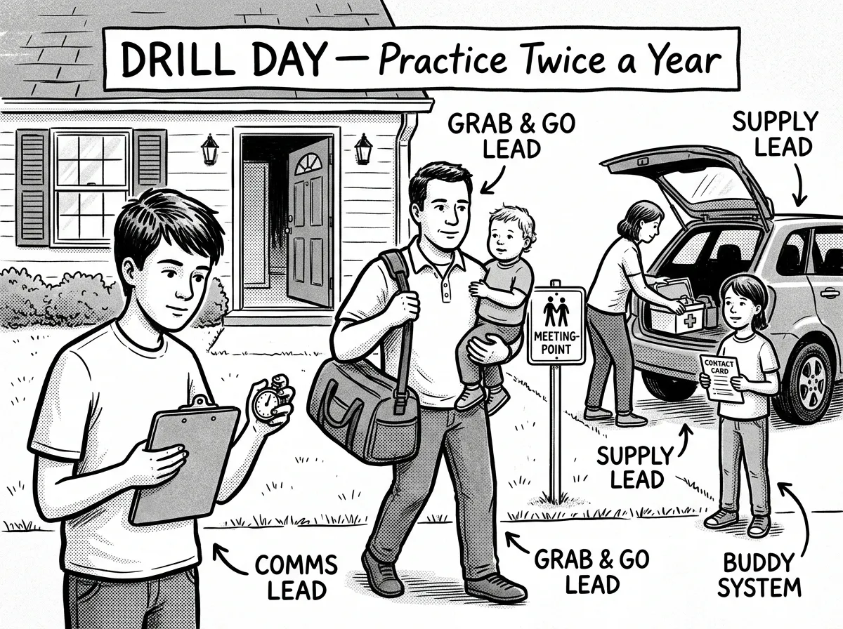 Family running an evacuation drill from their home with assigned roles in action