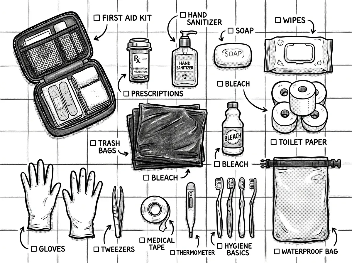 Medical and sanitation supplies organized for quick access