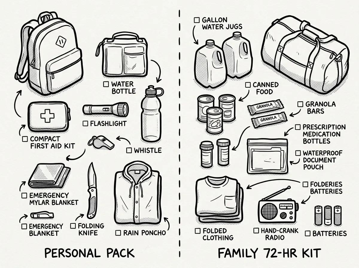 Personal emergency pack and family 72-hour kit essentials laid out for inspection