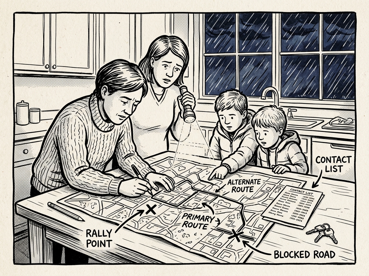 Family reviewing primary and alternate evacuation routes on a kitchen table map