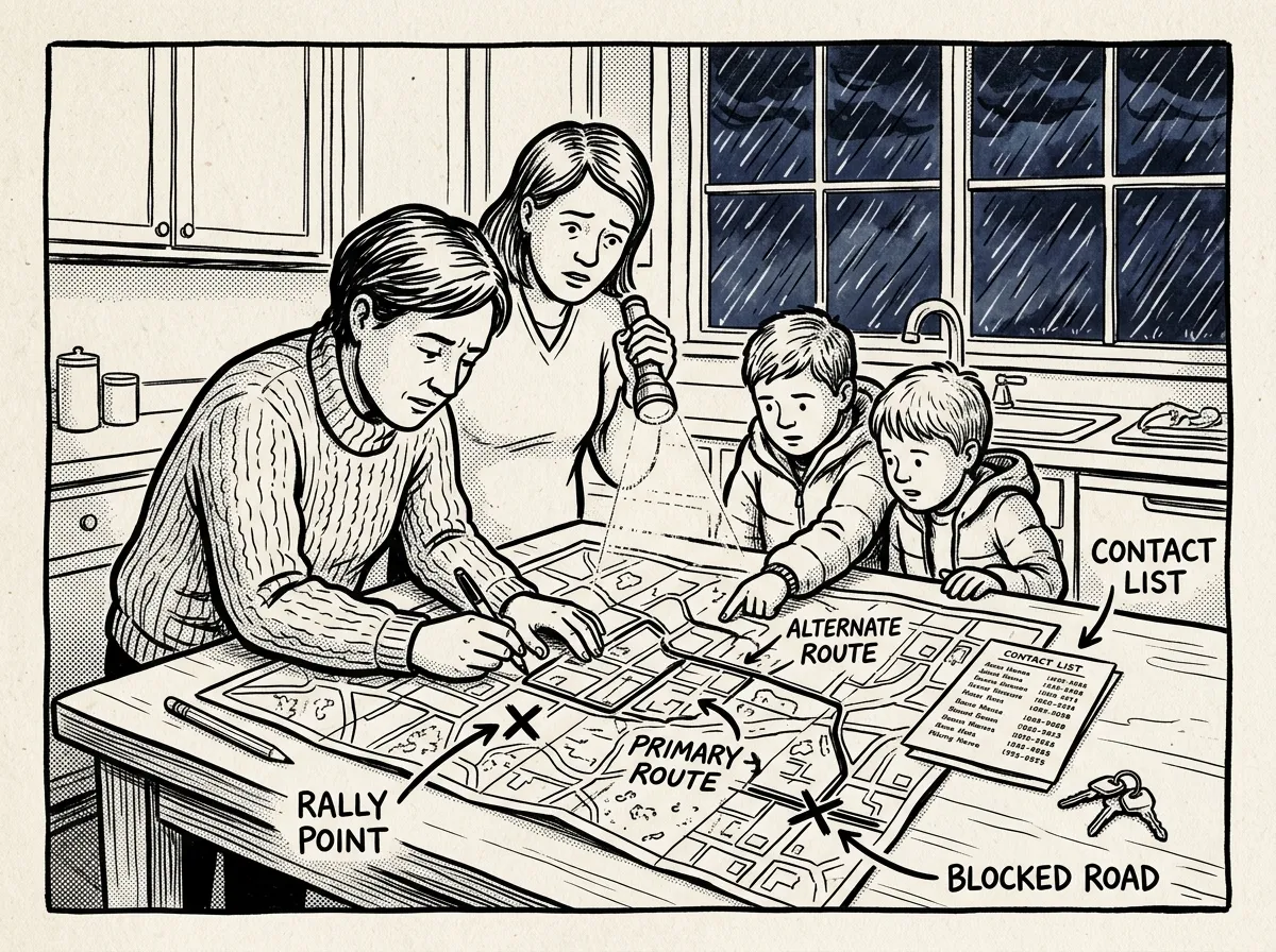 Family reviewing primary and alternate evacuation routes on a kitchen table map