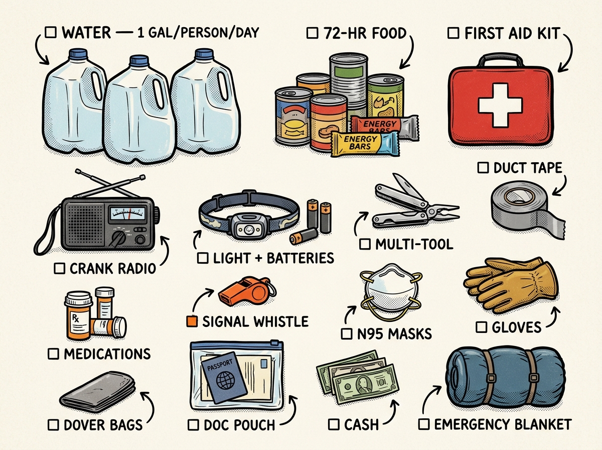 Complete emergency supply inventory laid out for inspection