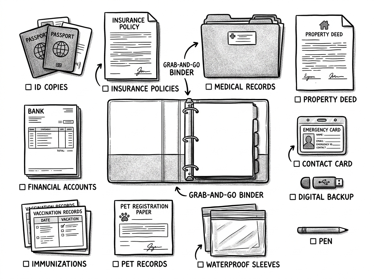 Emergency document binder contents spread out for grab-and-go readiness